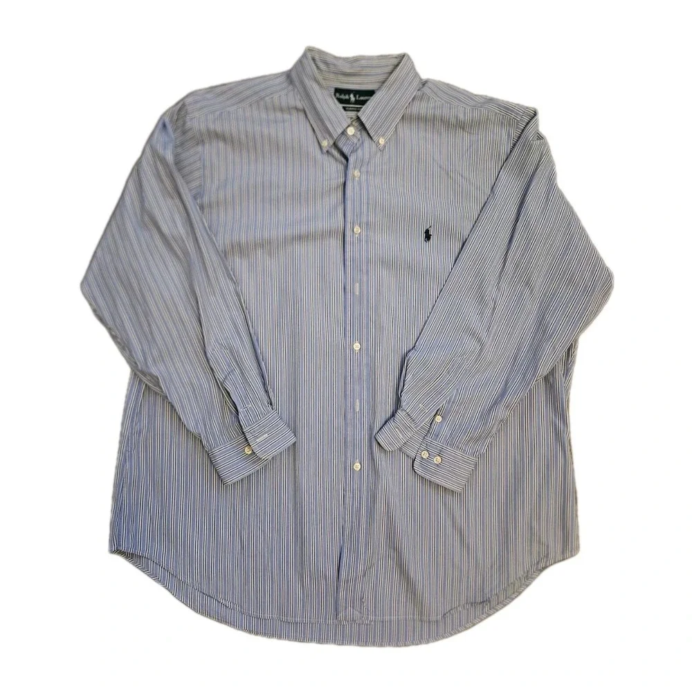 Ralph Lauren Button Down Mens 18 34/35 Blue Striped Classic Fit Cotton Shirt